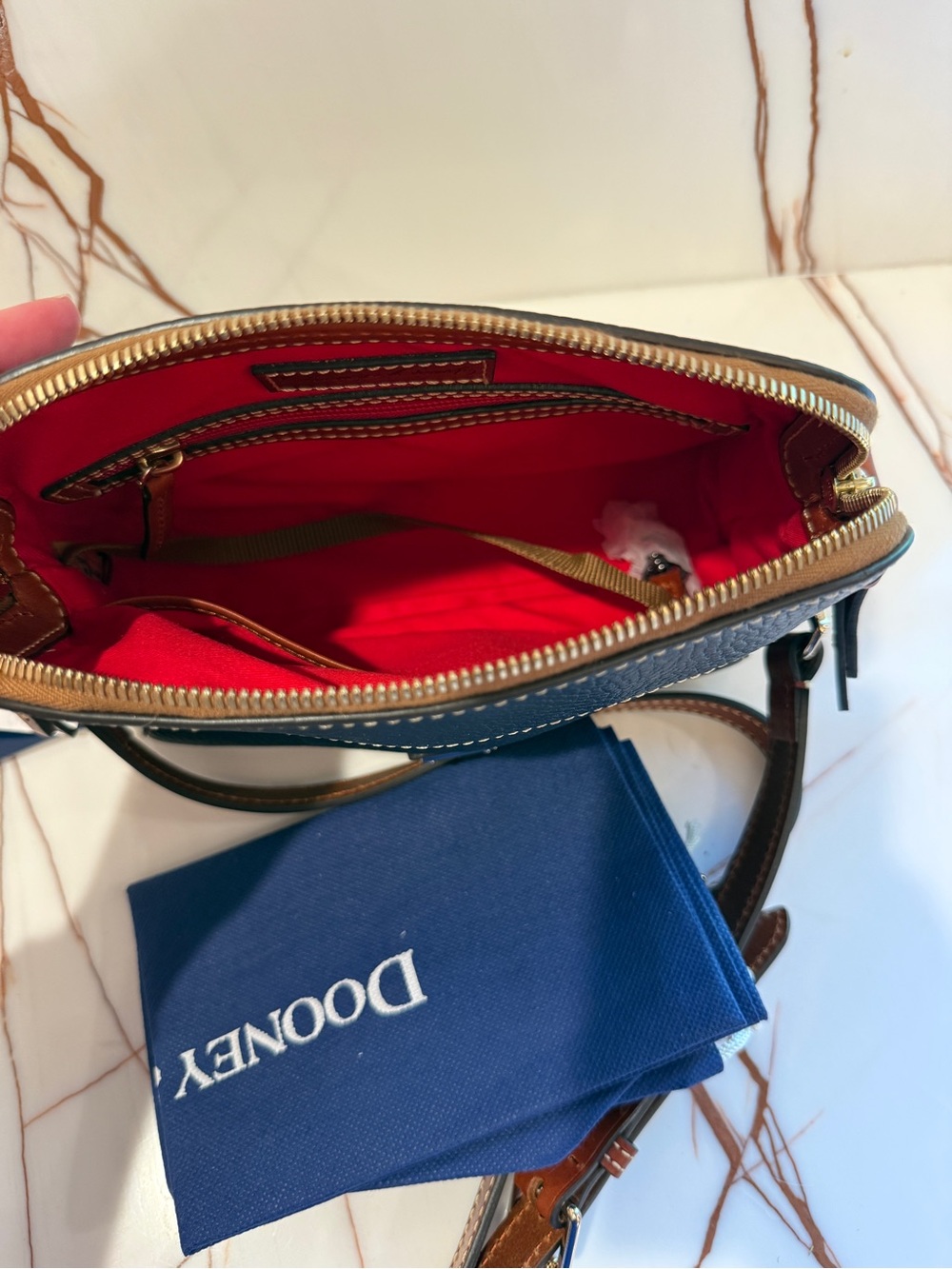 Dooney & Bourke Navy Pebbled Leather Crossbody with Brown Trim - Picture 2 of 2